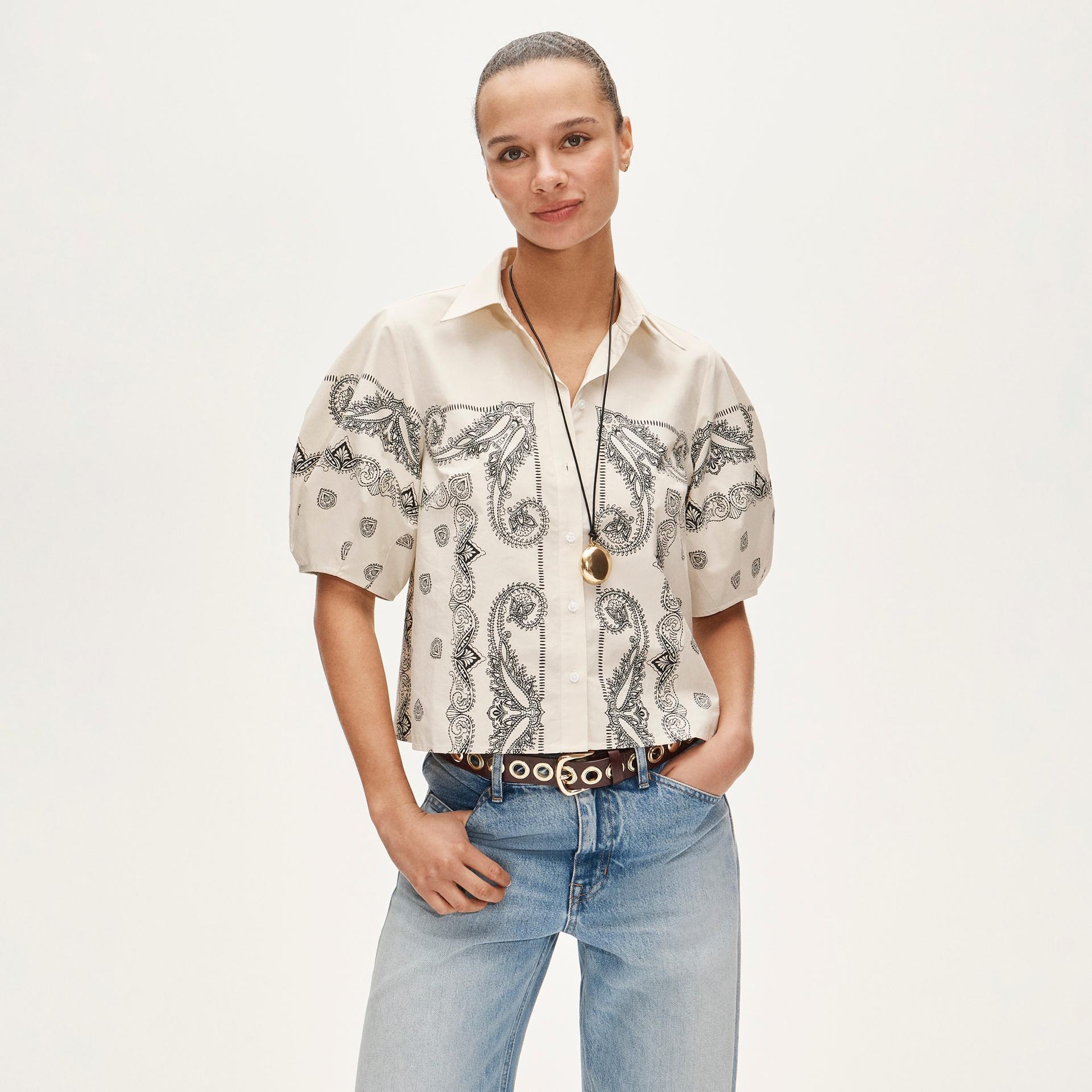 bell-sleeve button-up shirt in bandana print
