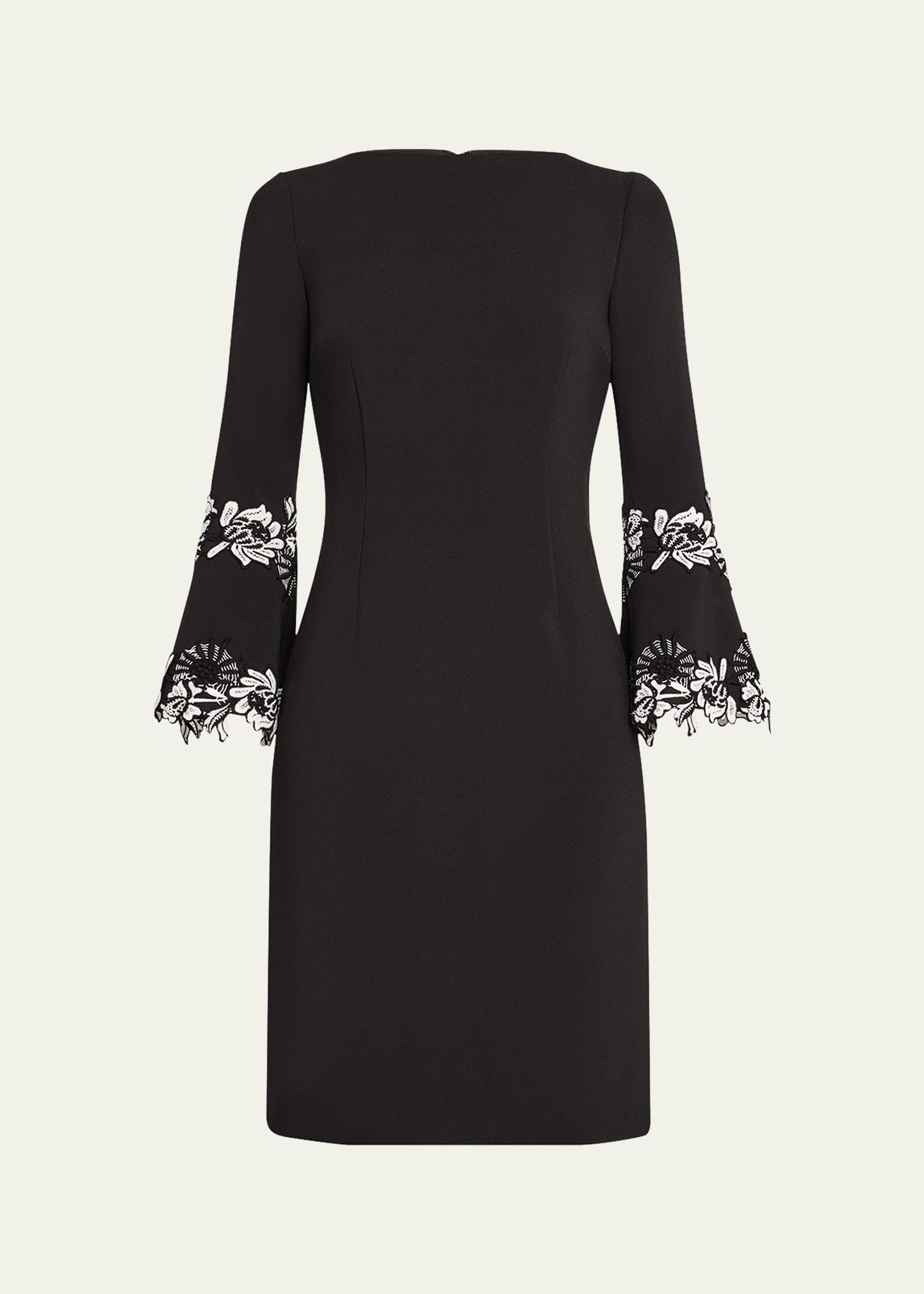 bell-sleeve floral applique crepe dress