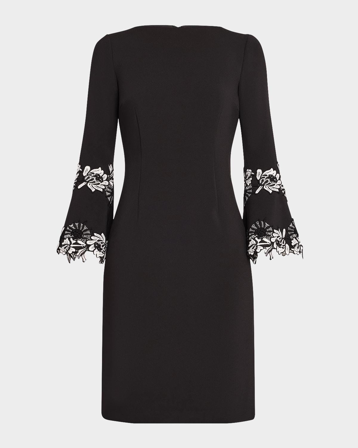 bell-sleeve floral applique crepe dress