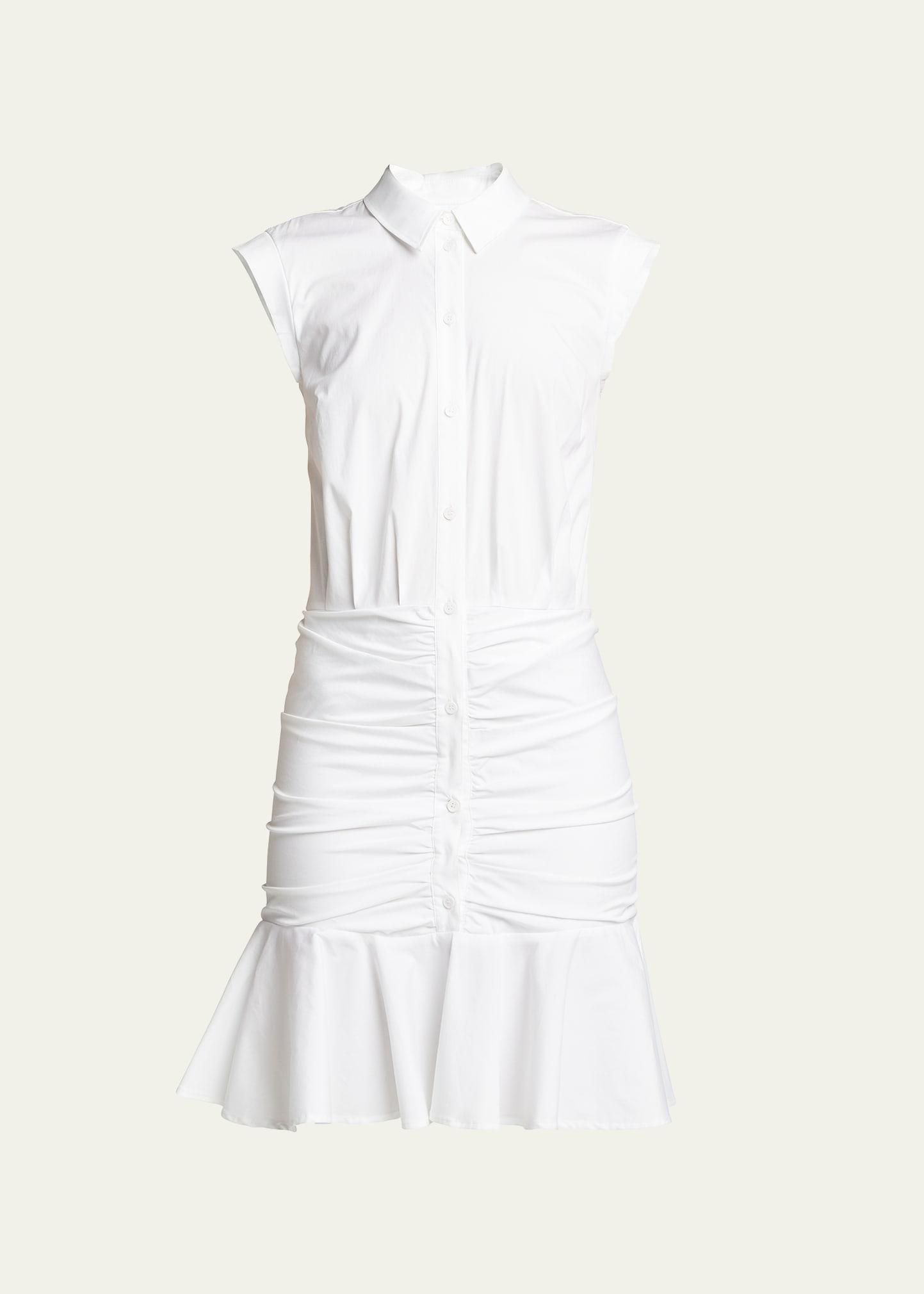 bell sleeveless ruched stretch poplin dress, white