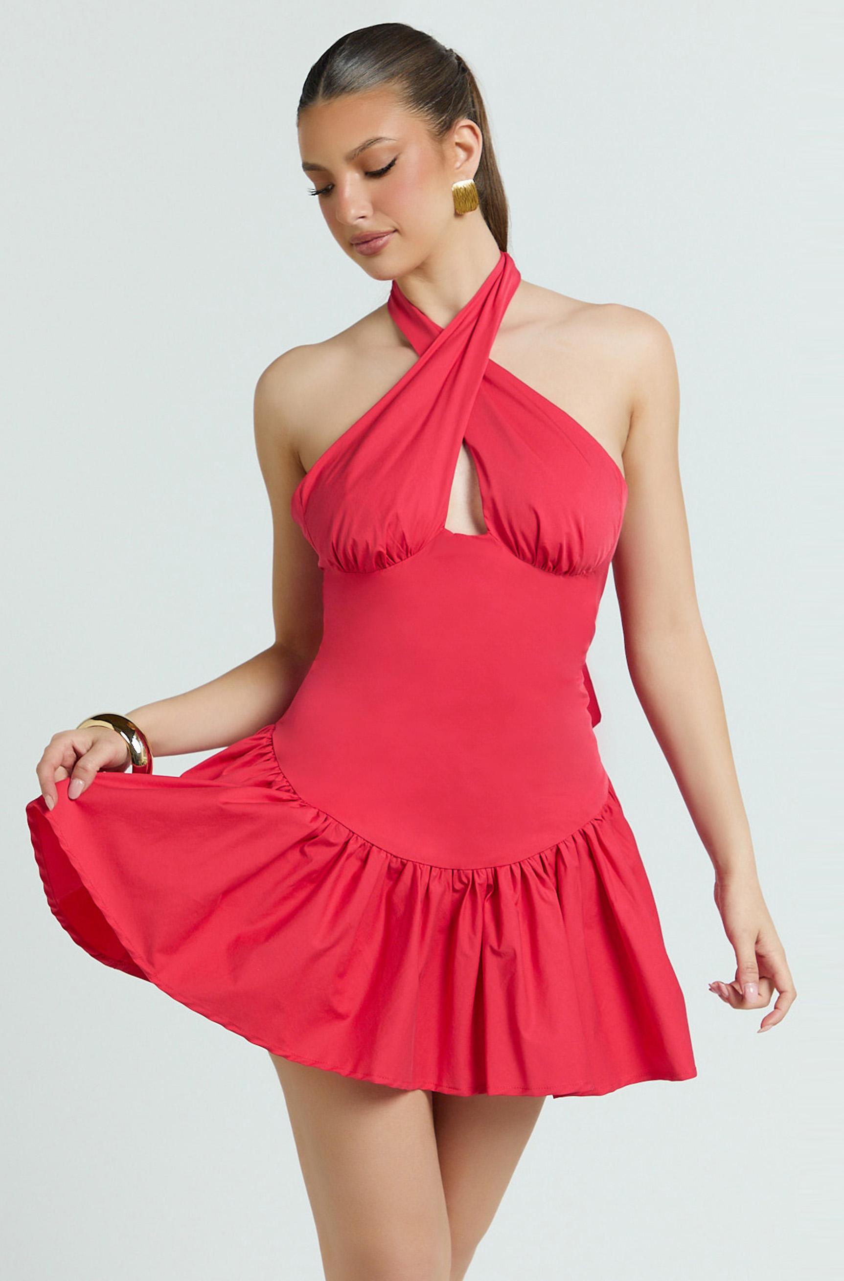 belle mini dress - keyhole halter top dress in red
