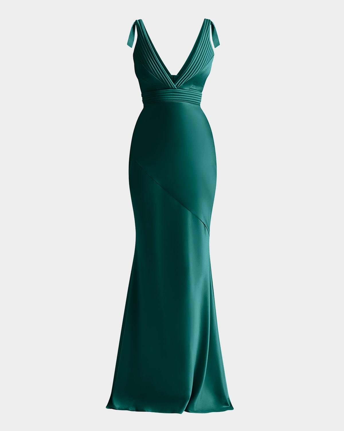 beloved deep v-neck stretch satin gown