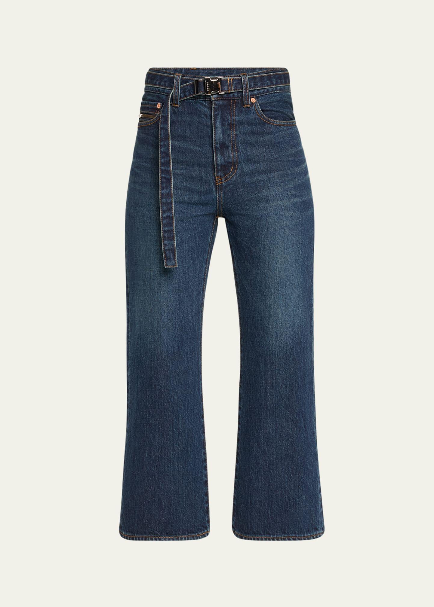 belted bootcut denim capri pants