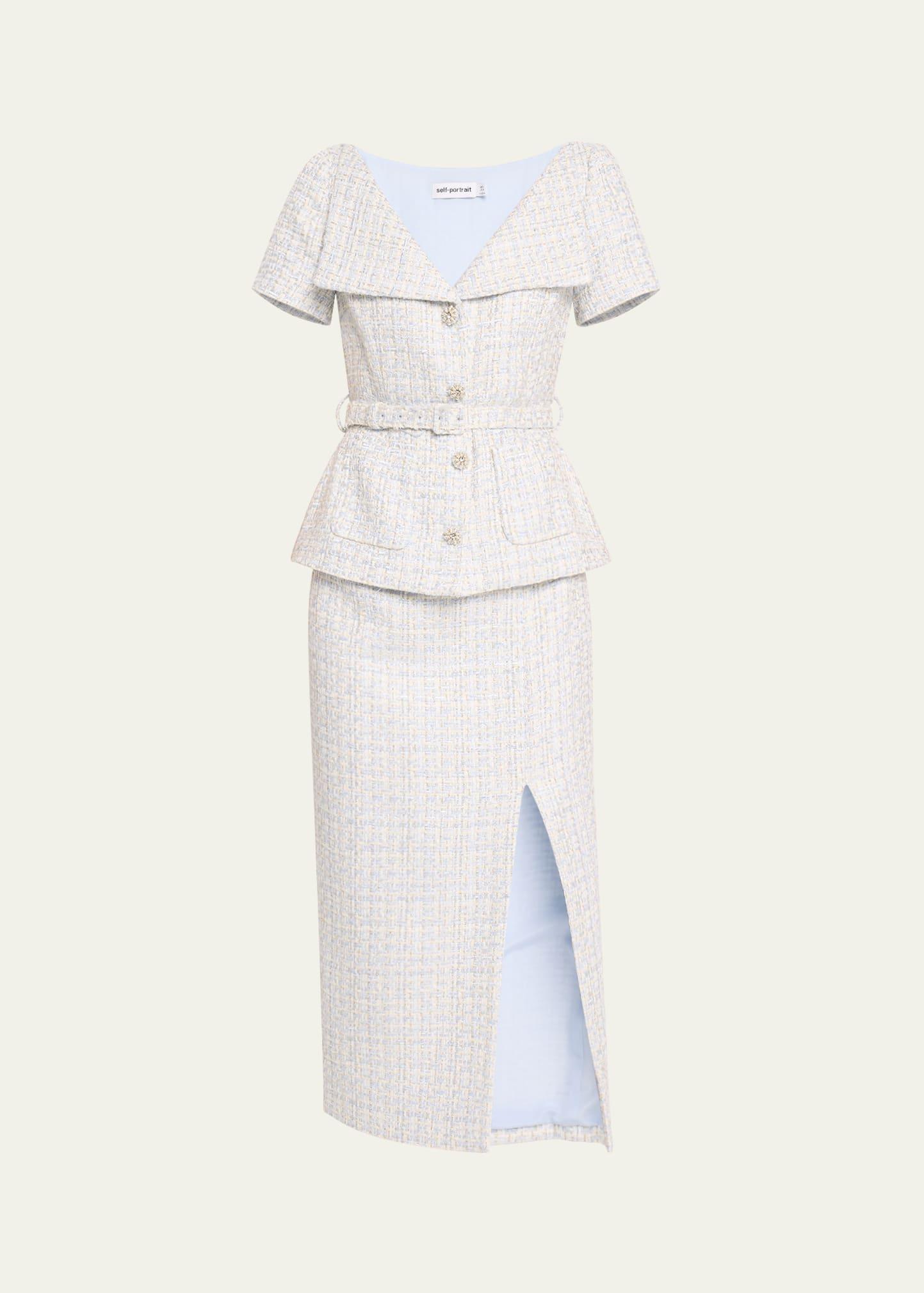 belted boucle midi dress