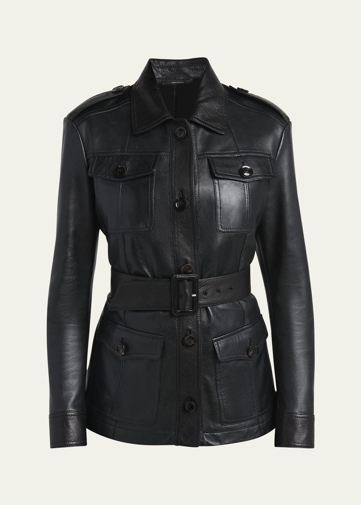 belted button down leather jacket