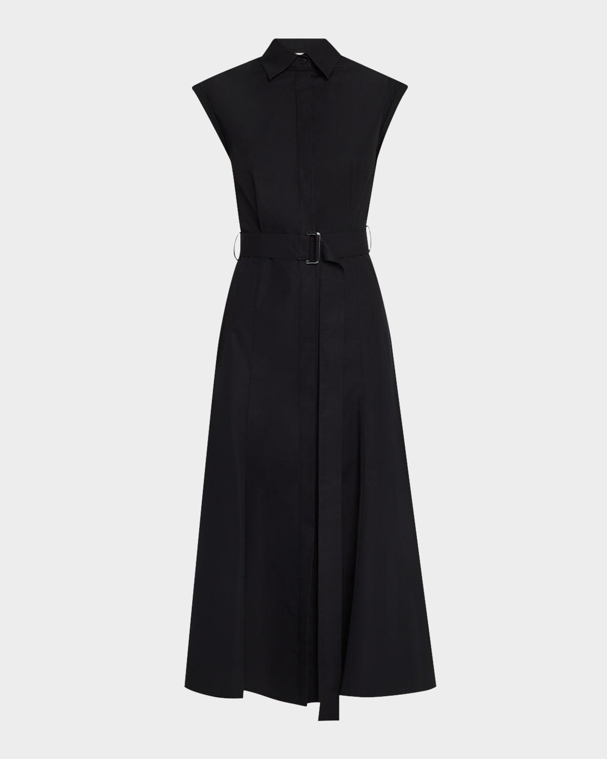 belted cap-sleeve cotton midi shirtdress