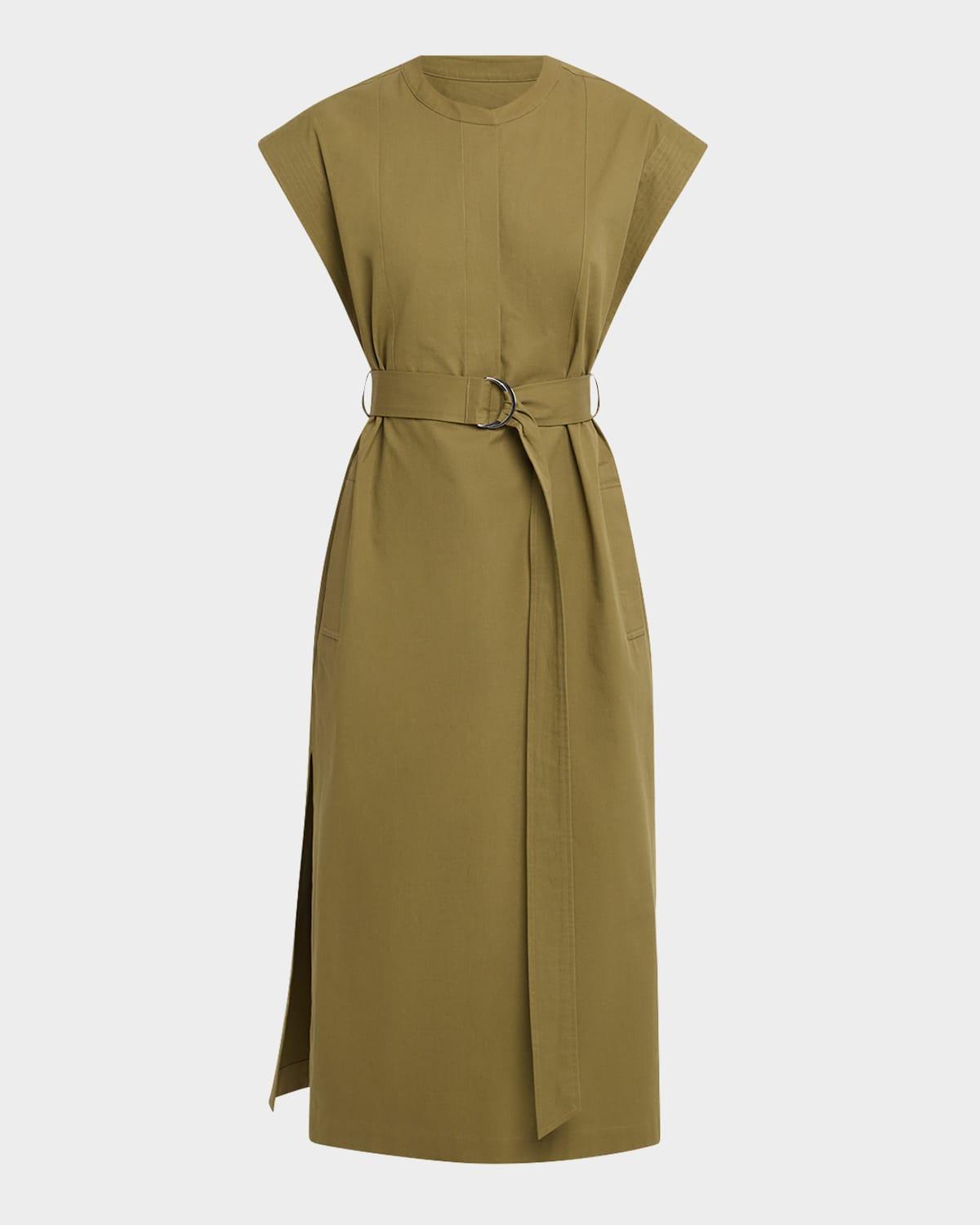 belted cap-sleeve cotton twill midi shirtdress