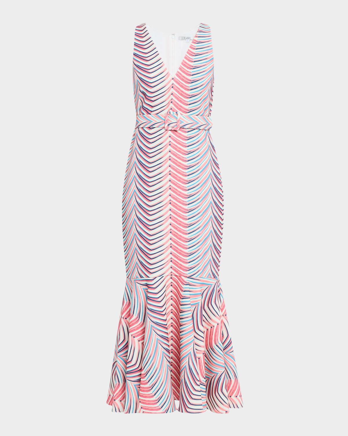 belted chevron-print mermaid midi dress