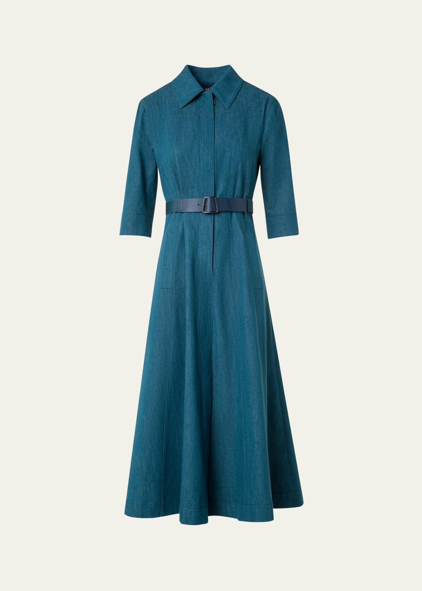 belted cotton denim stretch midi dress