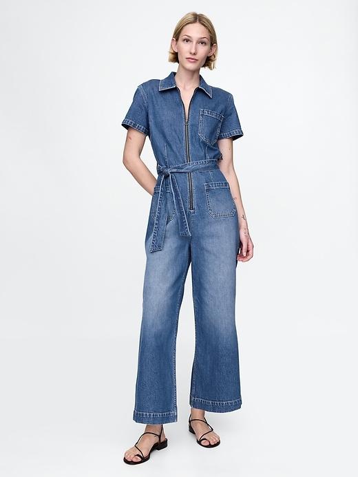 belted denim jumpsuit
