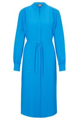 belted dress with collarless v neckline and button cuffs- blue women's business dresses