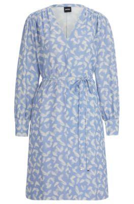 belted dress with seasonal print and tie-up belt- patterned women's business dresses