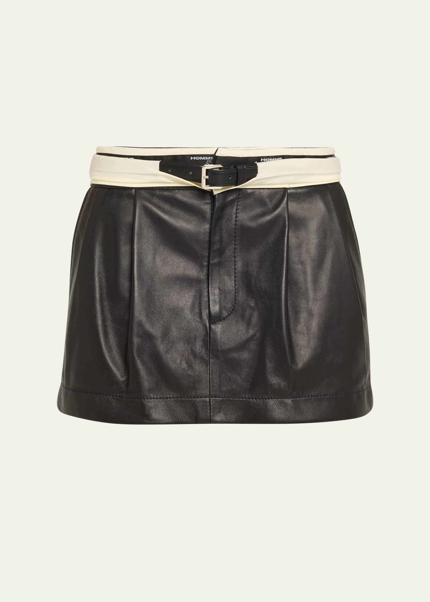 belted flip-waist leather mini skirt