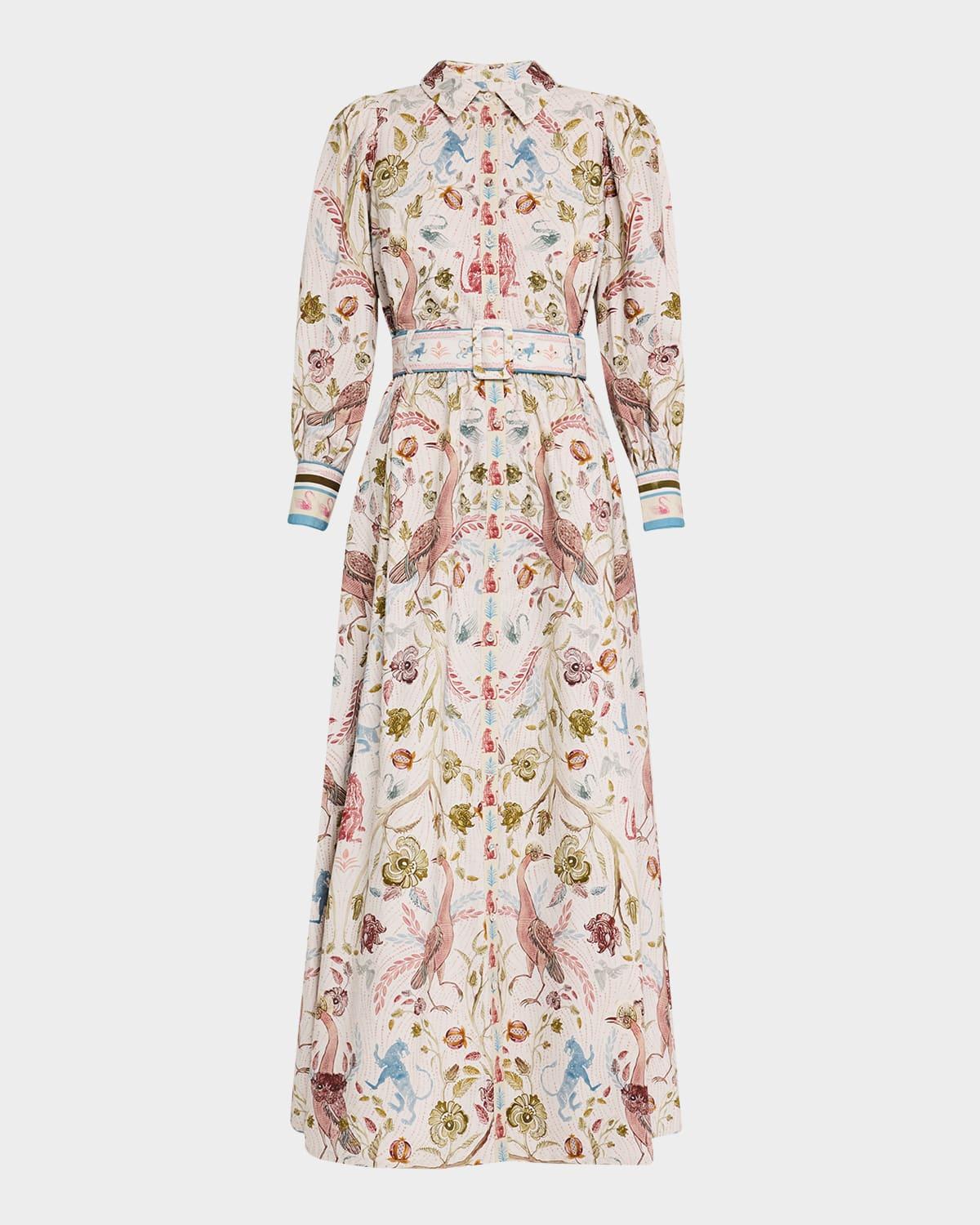 belted floral & animal-print maxi shirtdress