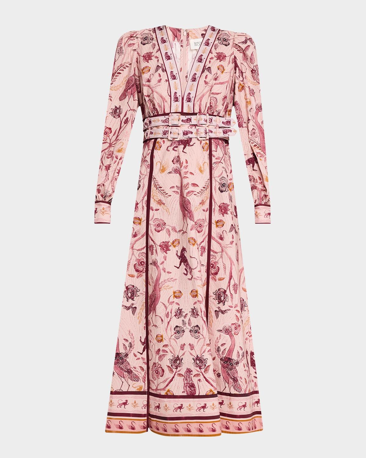 belted floral & animal-print midi dress