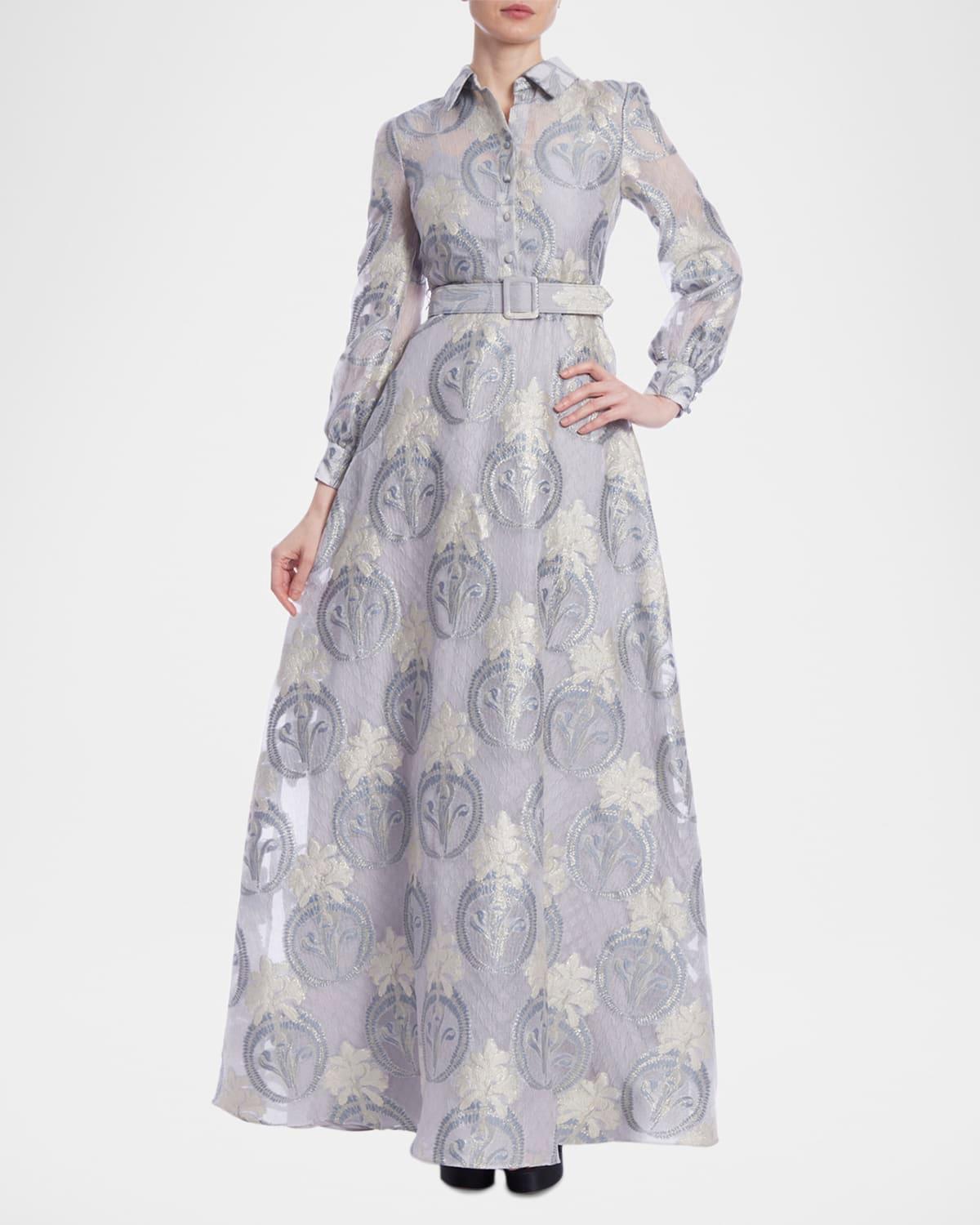 belted floral jacquard shirt gown