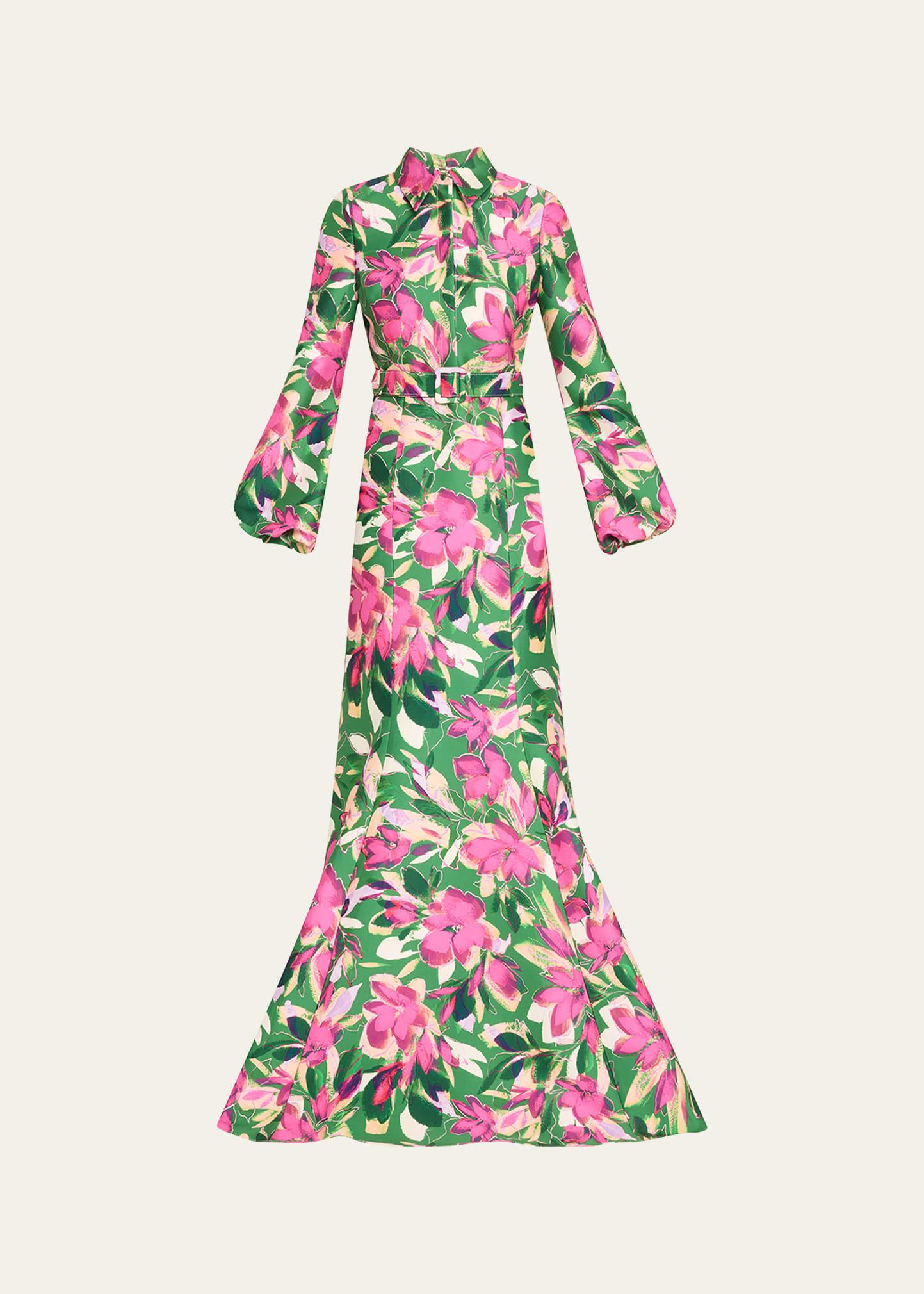 belted floral-print mikado shirt gown