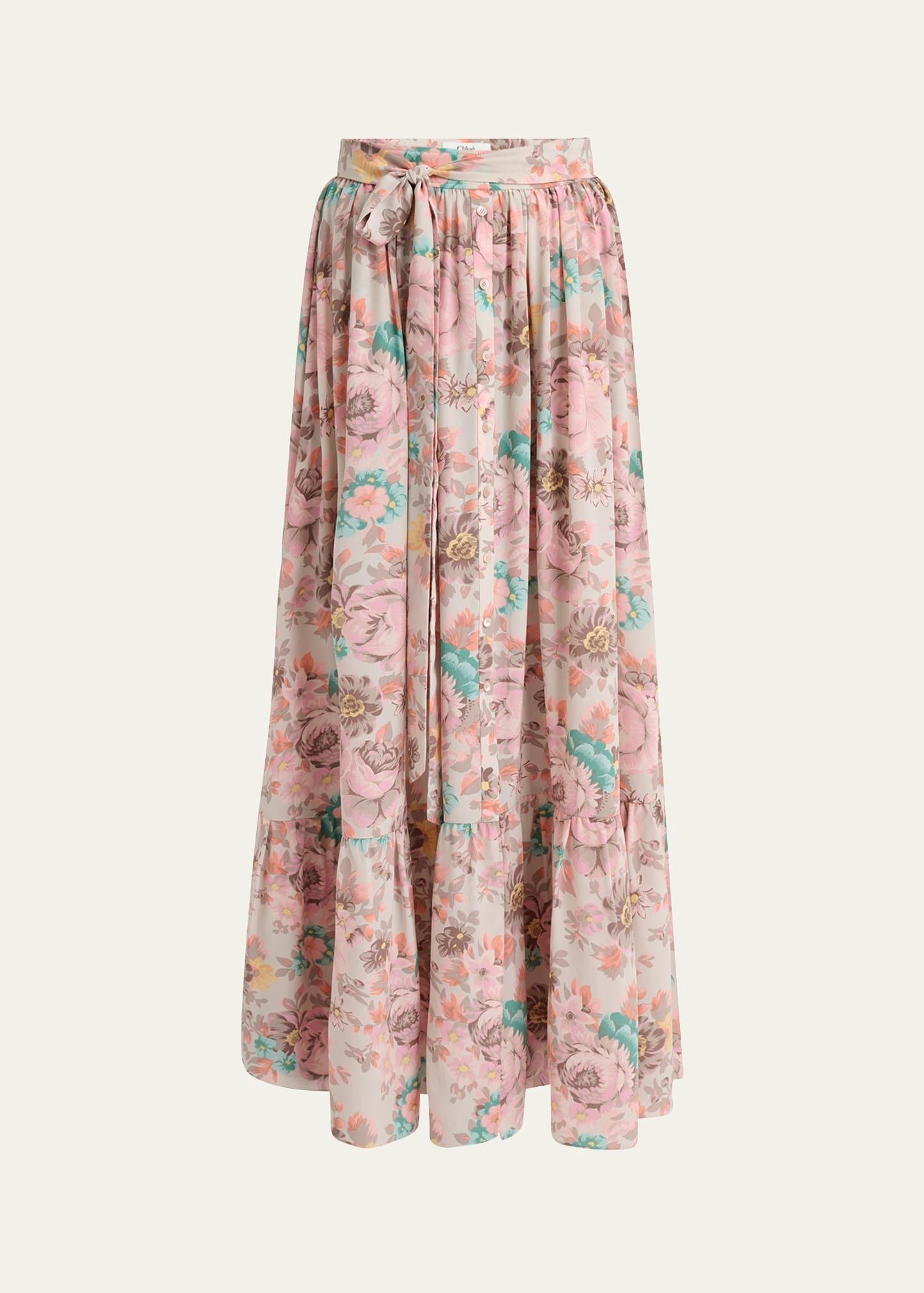 belted floral-print silk maxi skirt