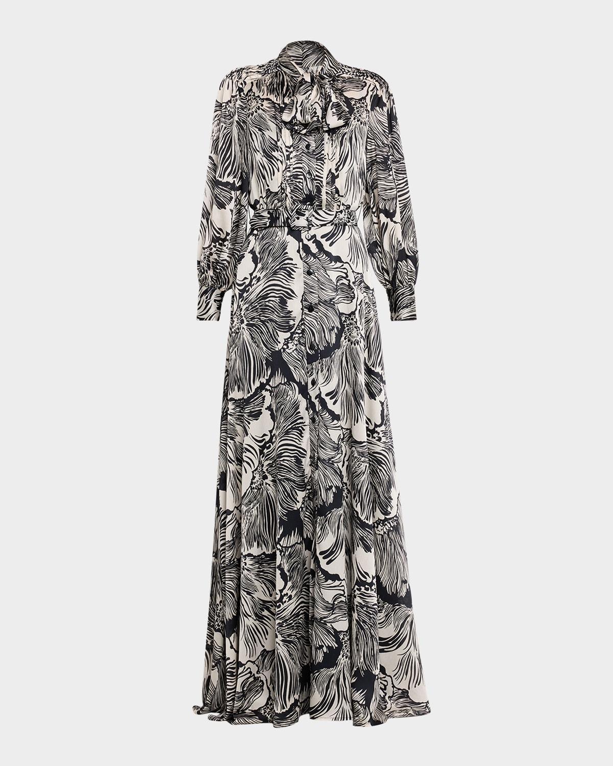 belted floral-print twill shirt gown