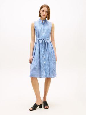 belted gingham seersucker midi dress