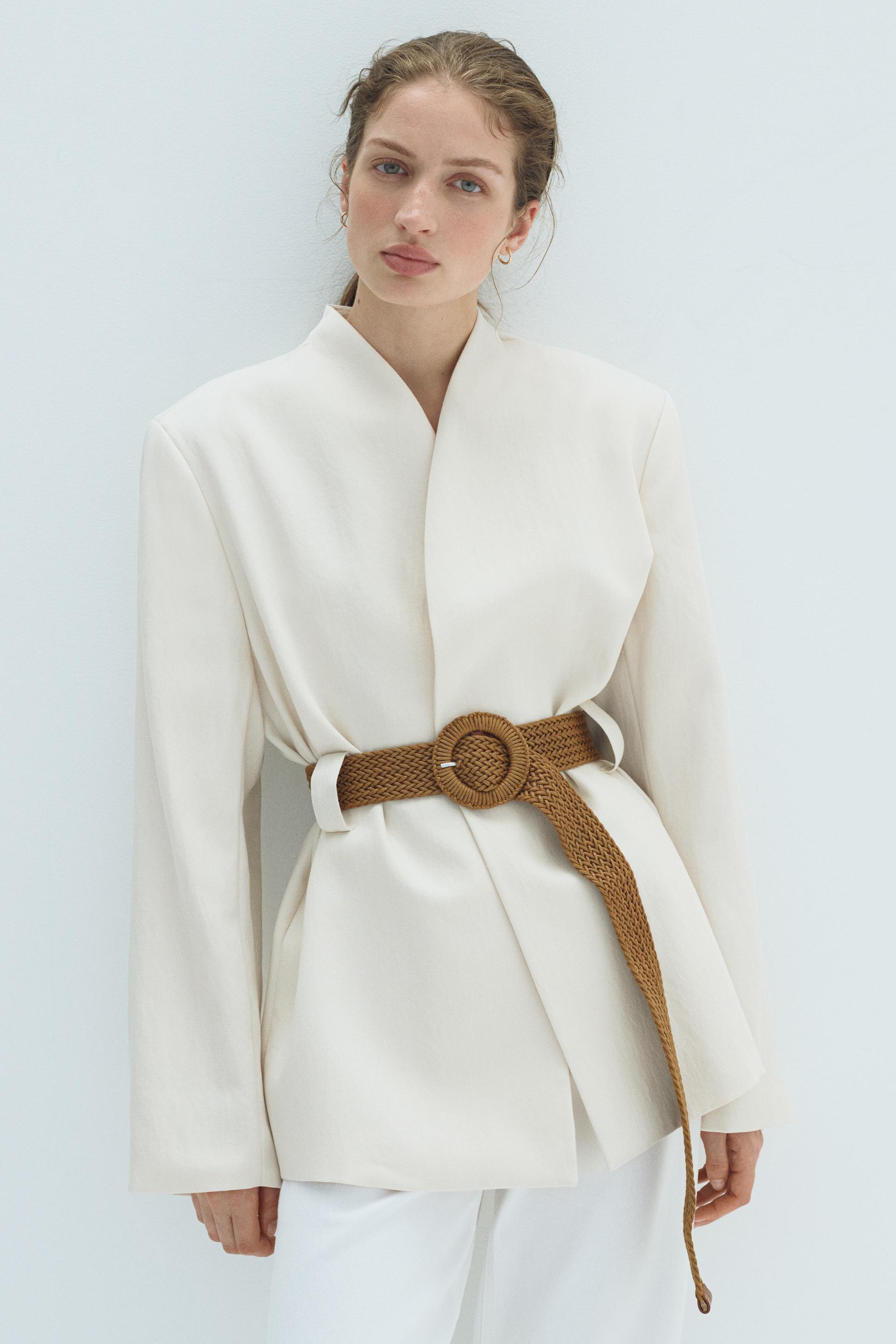 belted lapelless jacket