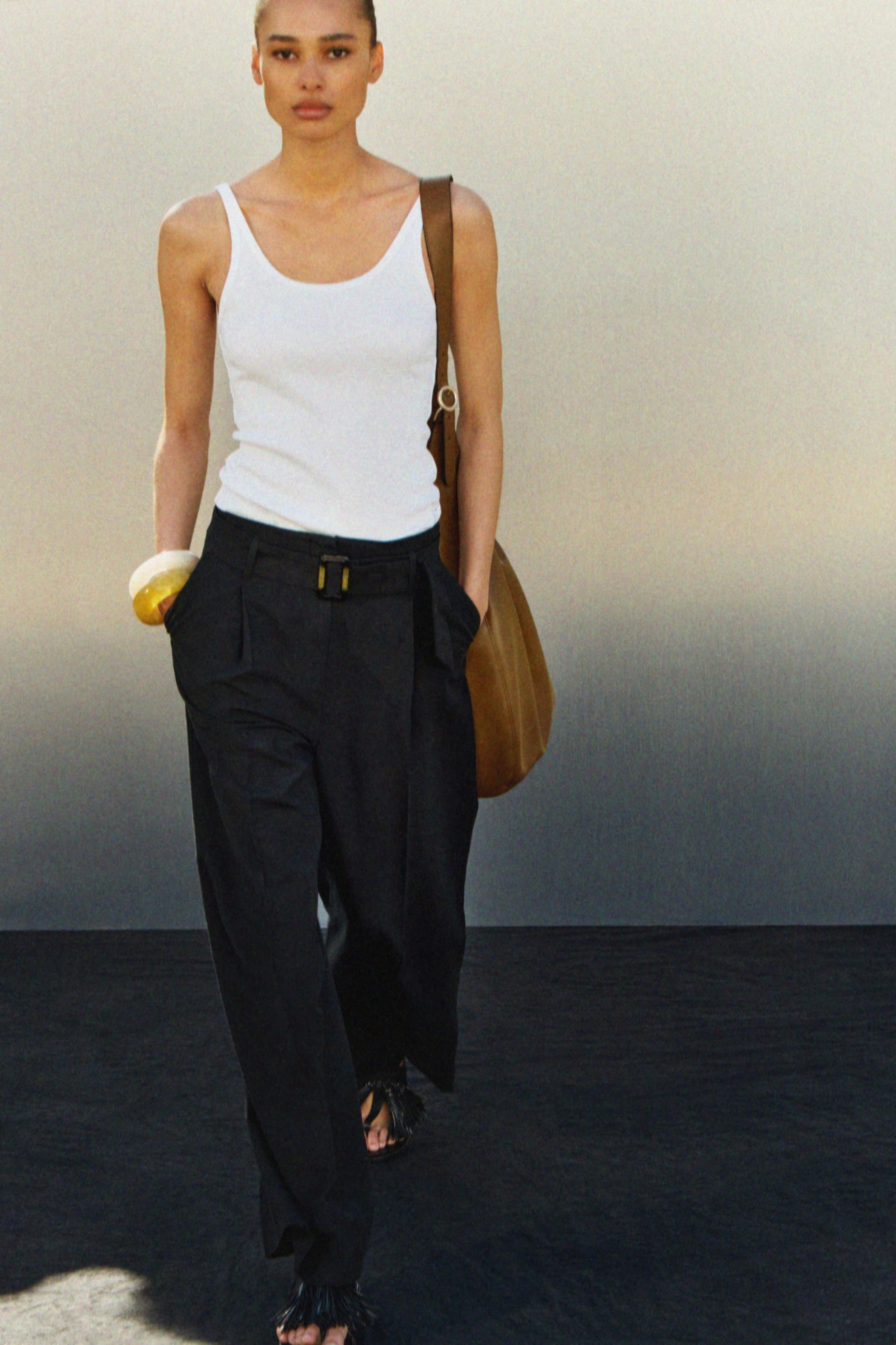 belted linen-blend trousers