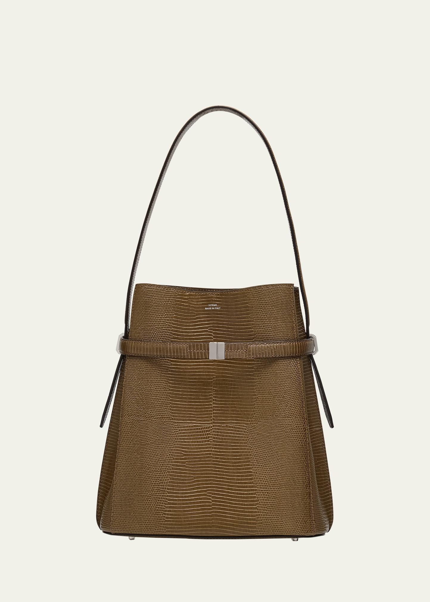 belted lizard-embossed leather bucket bag