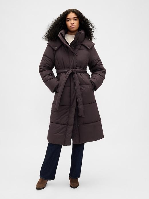 belted long puffer coat