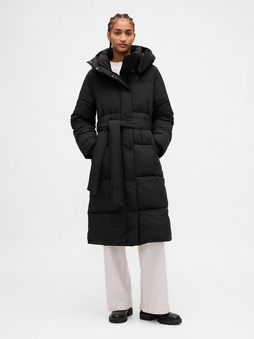 belted long puffer coat