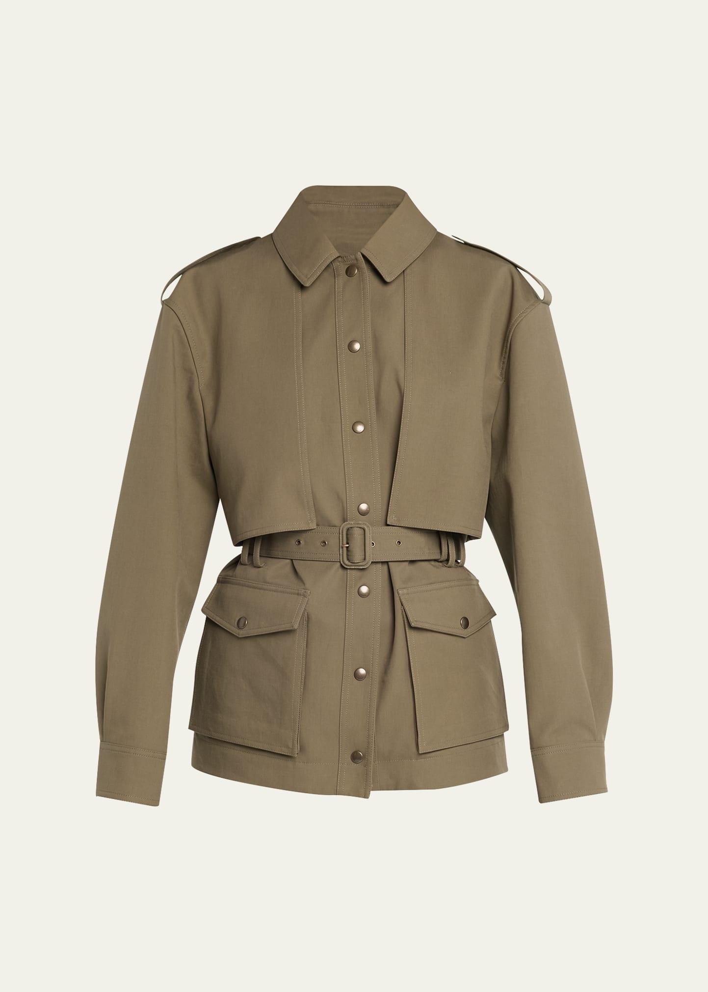 belted long-sleeve button-down jacket