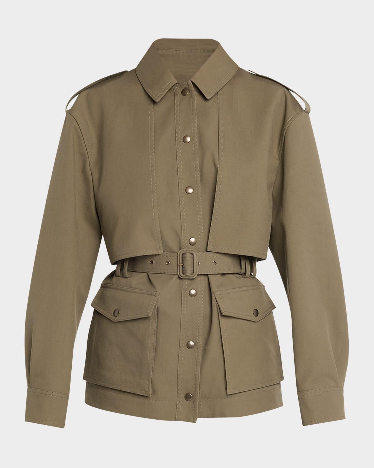 belted long-sleeve button-down jacket