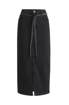 belted maxi skirt in salt-and-pepper stretch denim- dark grey women's casual skirts