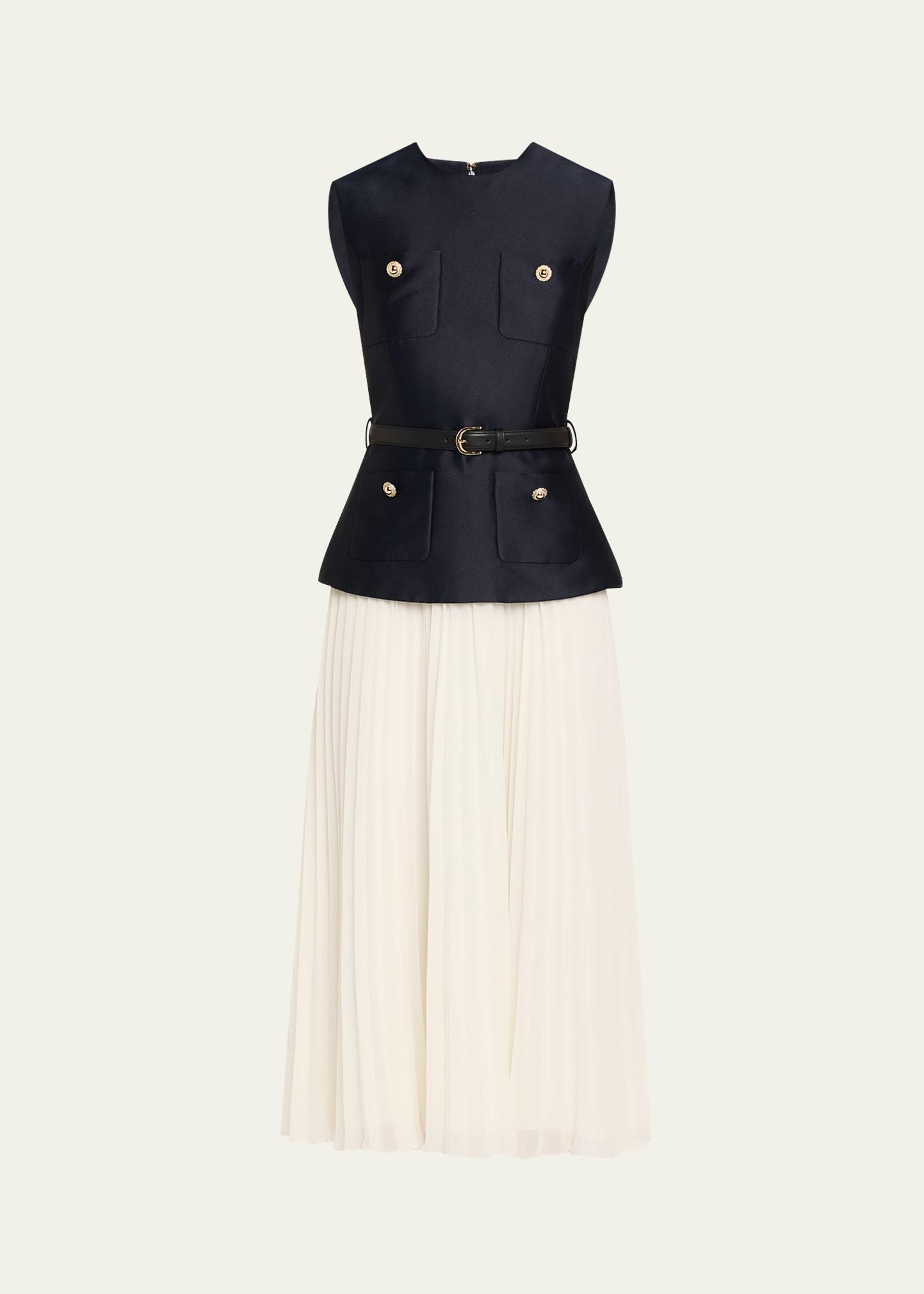 belted mixed-media midi dress