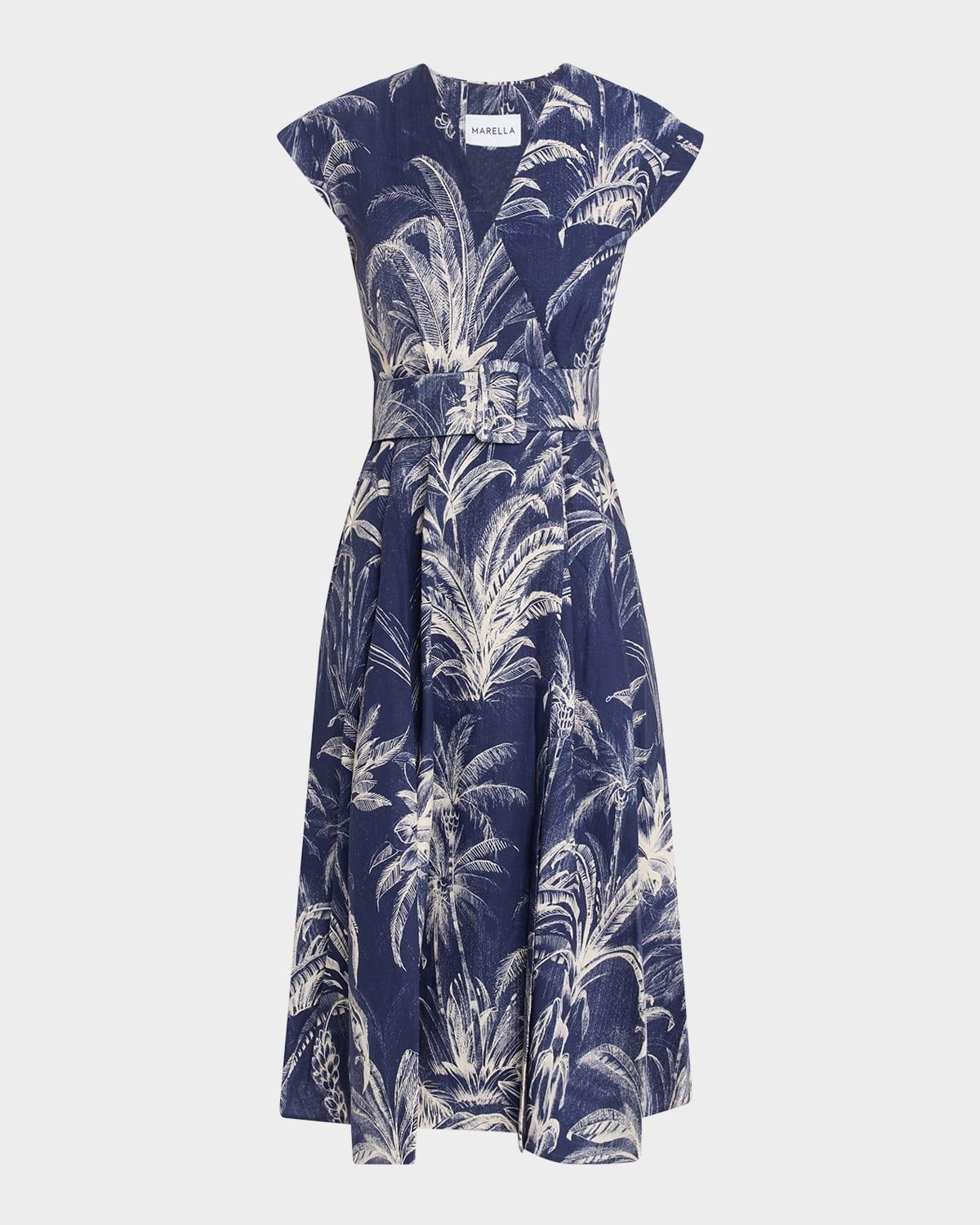 belted palm tree-print midi dress