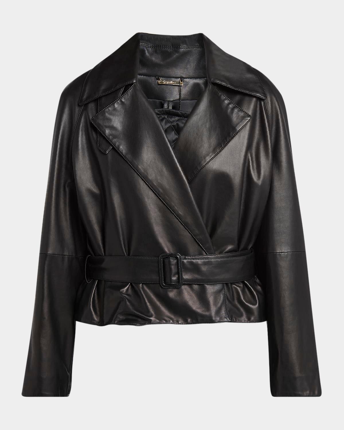 belted short leather moto jacket