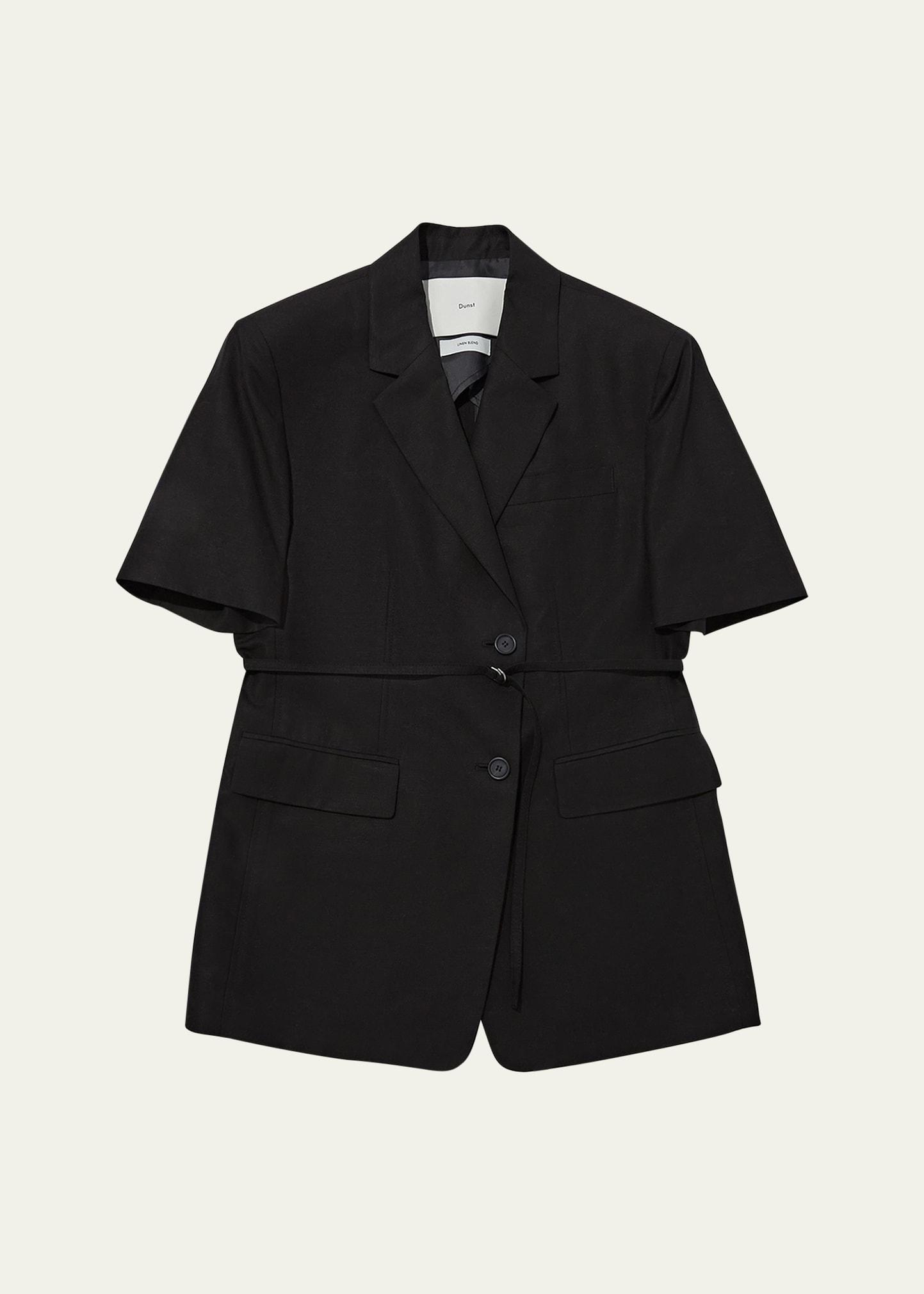 belted short-sleeve linen jacket