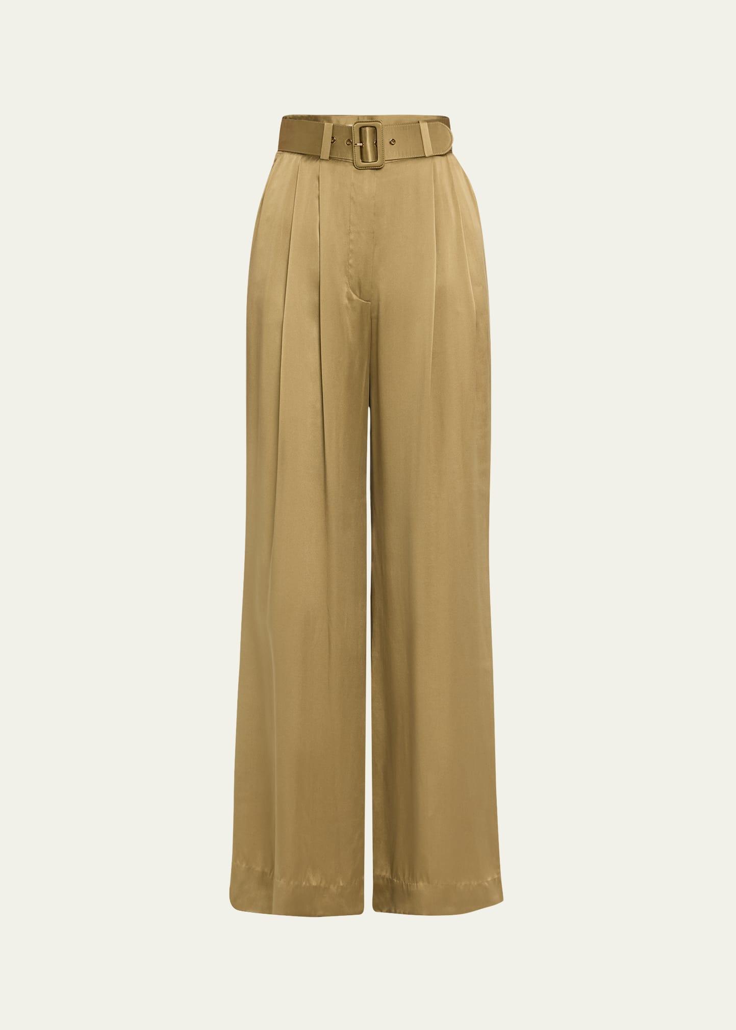 belted silk tuck pants