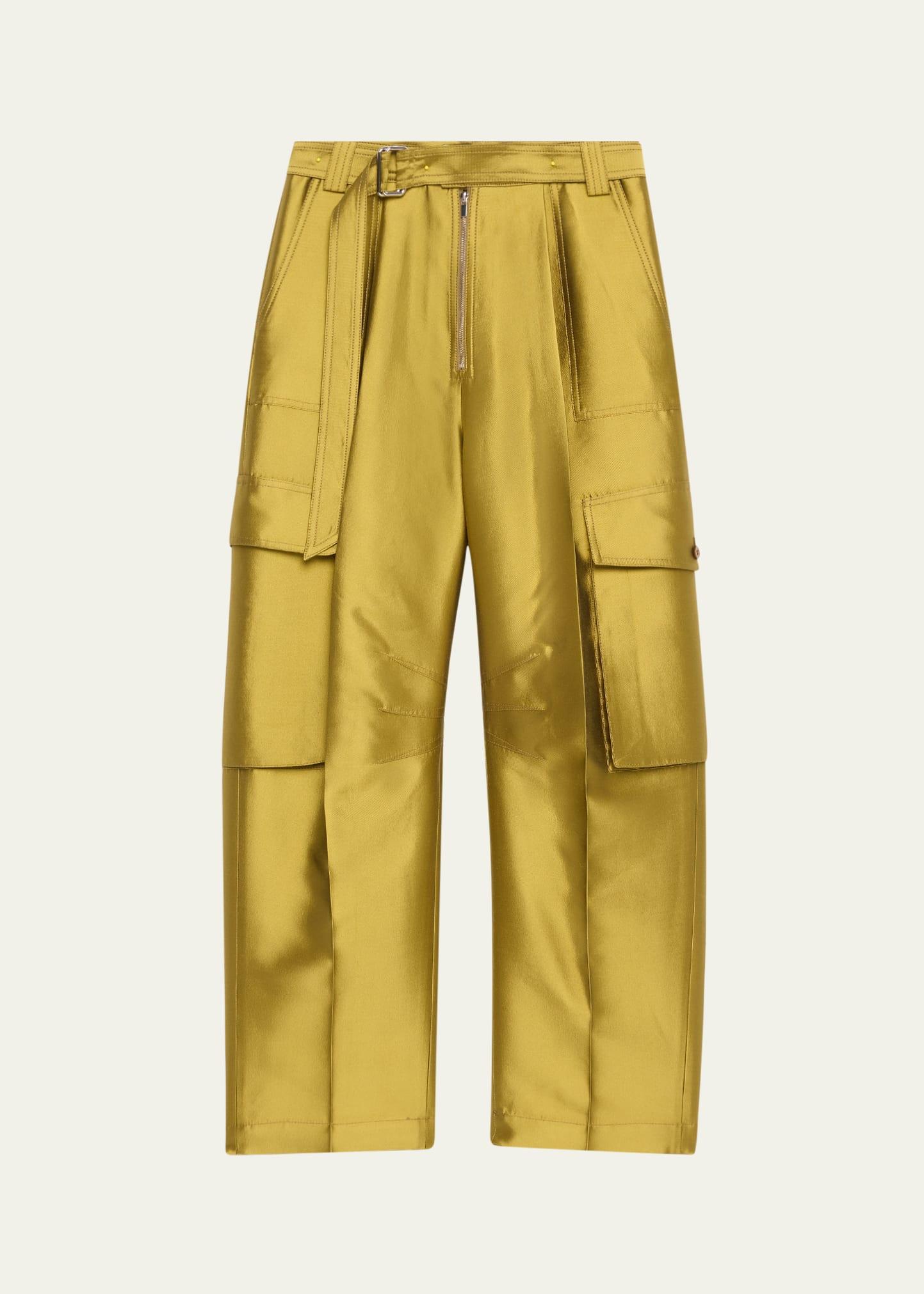 belted straight leg silk cargo pants
