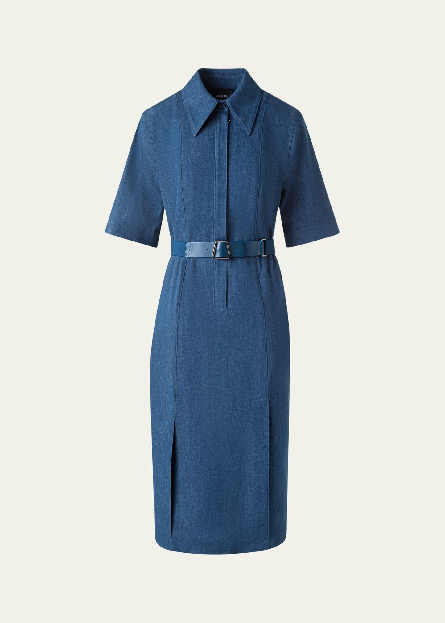 belted stretch cotton denim shirtdress