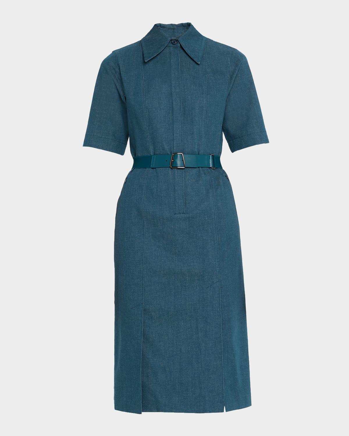 belted stretch cotton denim shirtdress