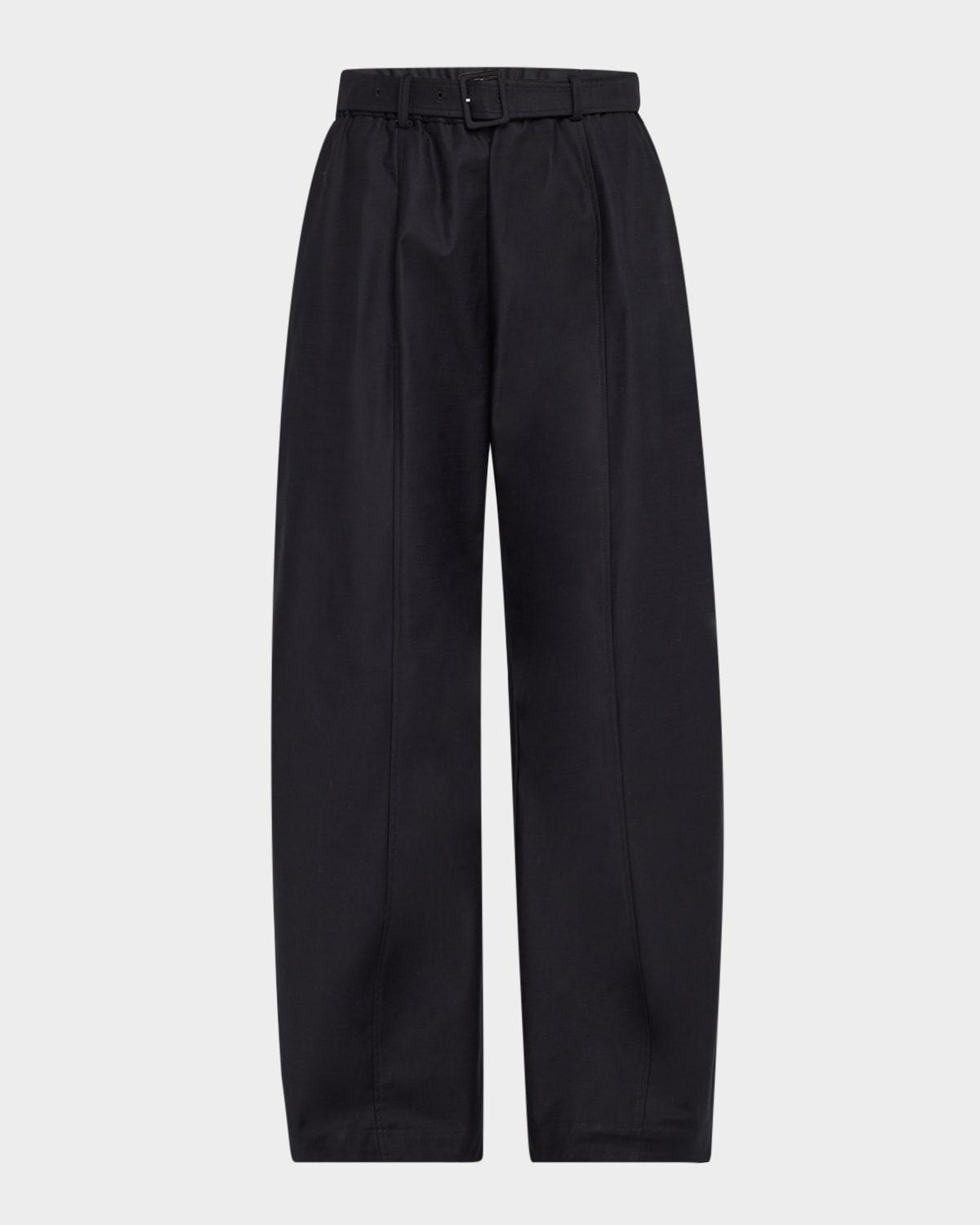 belted stretch cotton shantung straight-leg pants