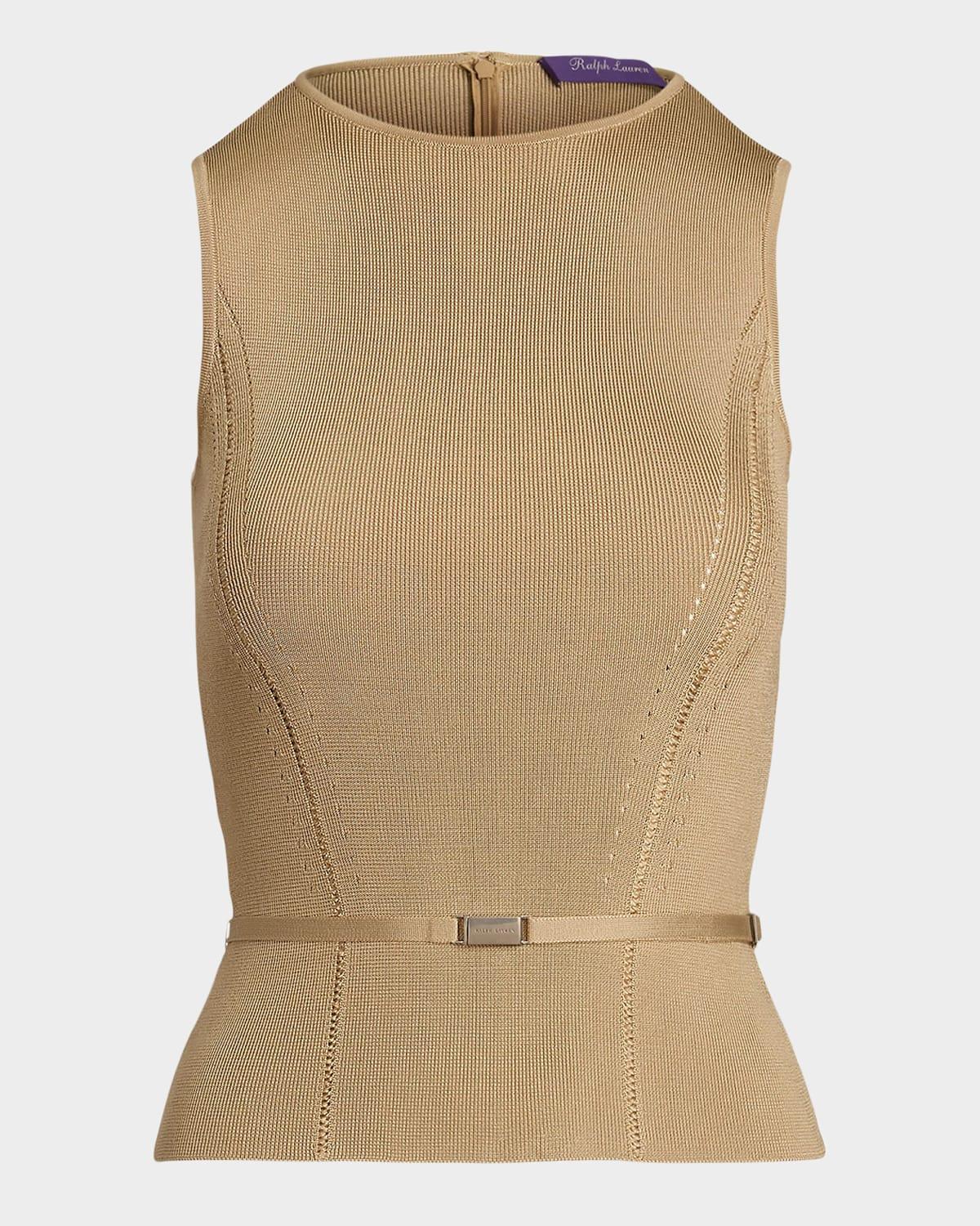 belted stretch silk sleeveless sweater