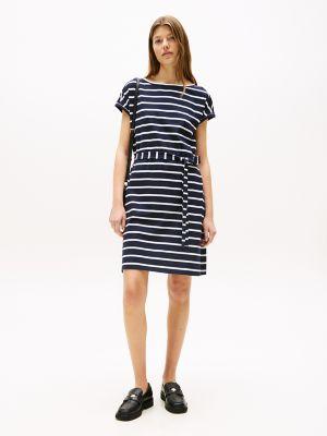 belted stripe stretch t-shirt dress