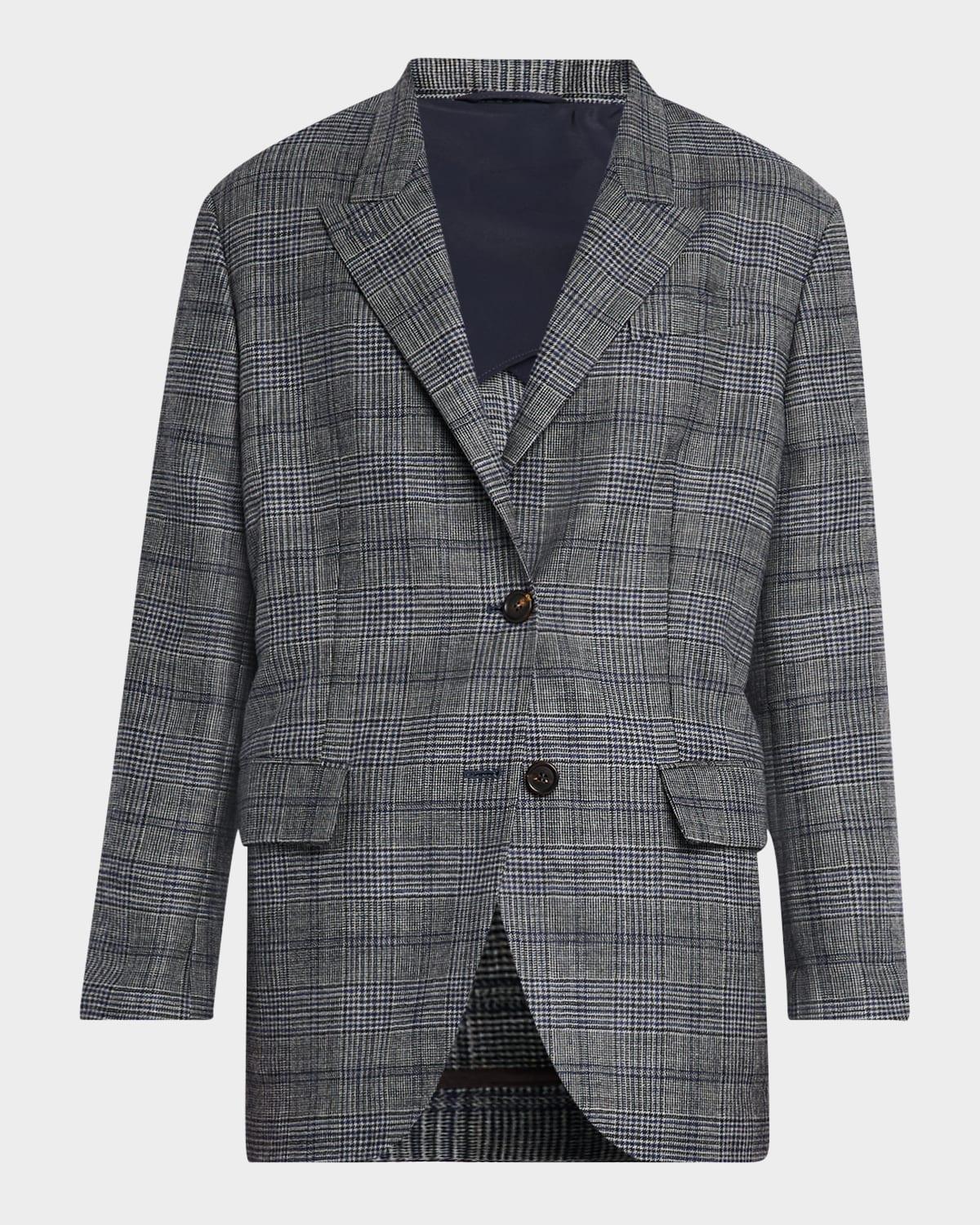 belted wool prince of wales single-breasted blazer jacket