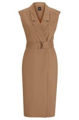 belted wrap dress in a linen blend- beige women's business dresses