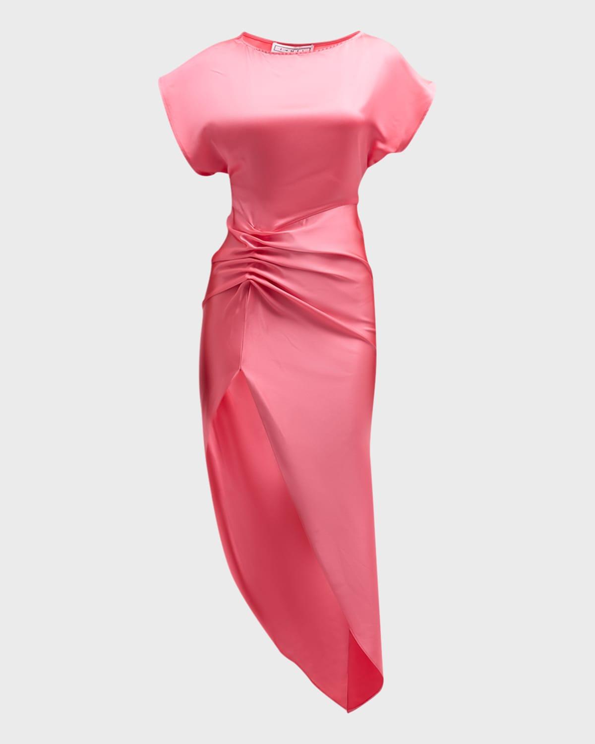 bercot ruched satin midi dress