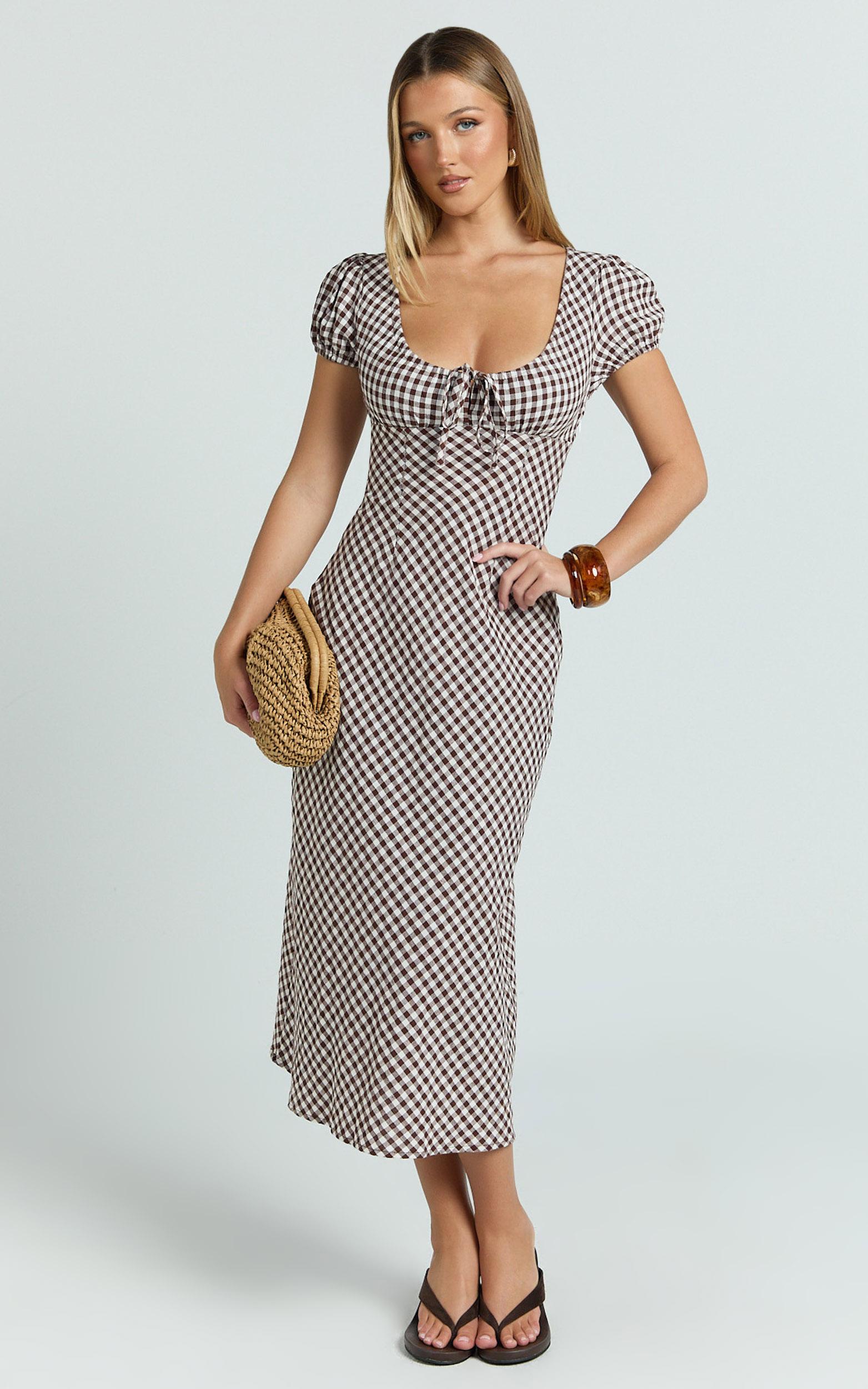 bernice midi dress - gingham scoop neck a line dress in chocolate gingham