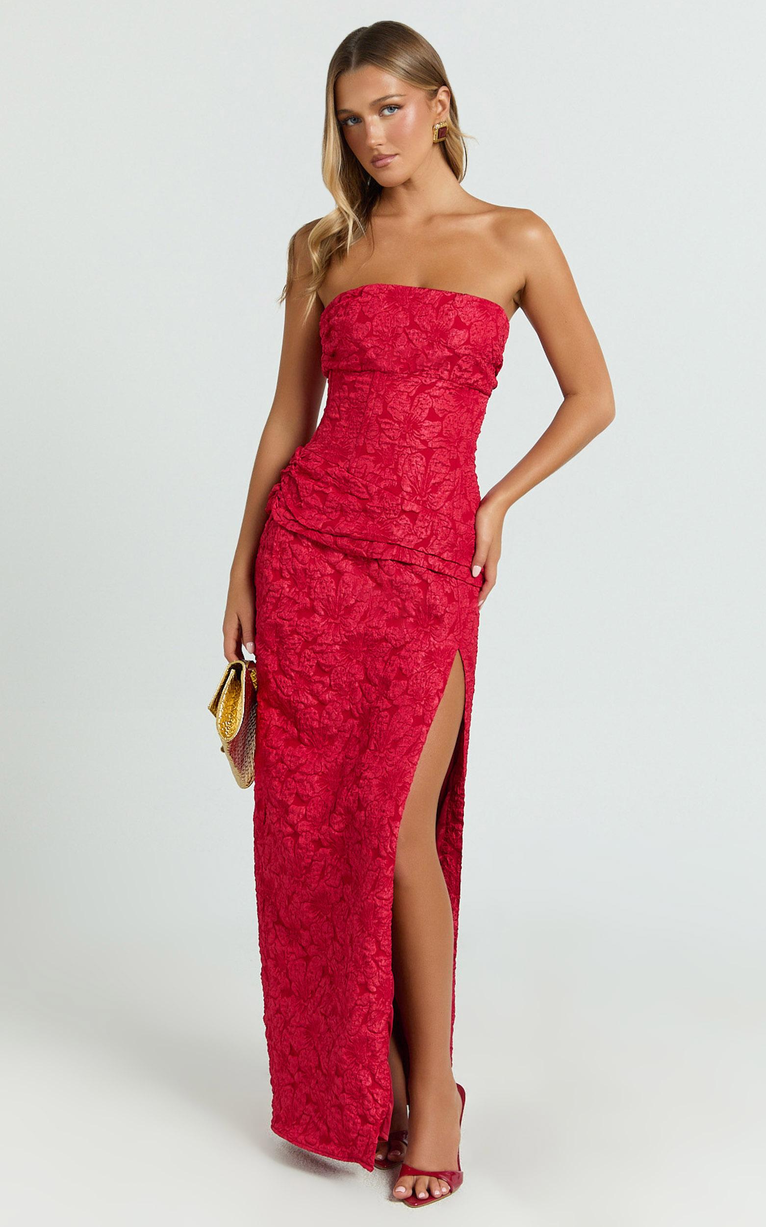 berri maxi dress - strapless jacquard high split dress in red