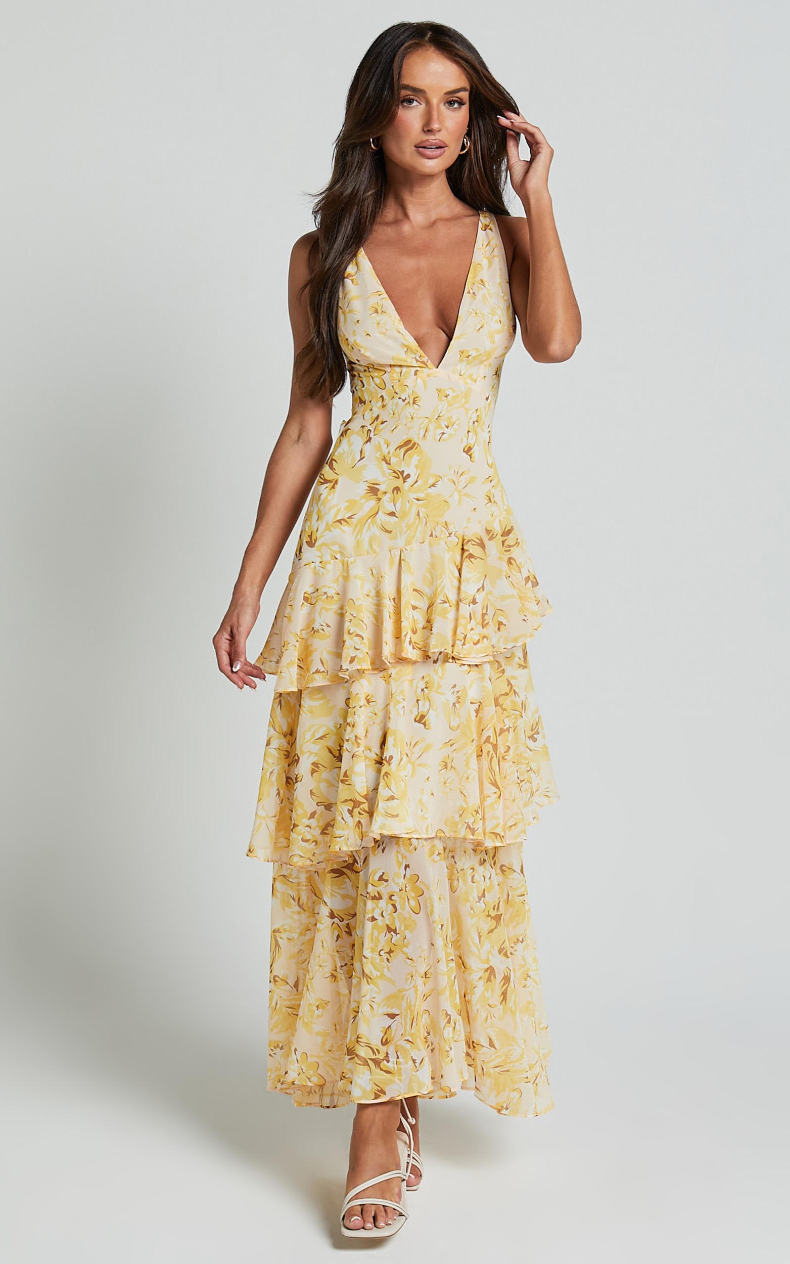 beryl midi dress - deep v neck sleeveless layered dress in yellow floral