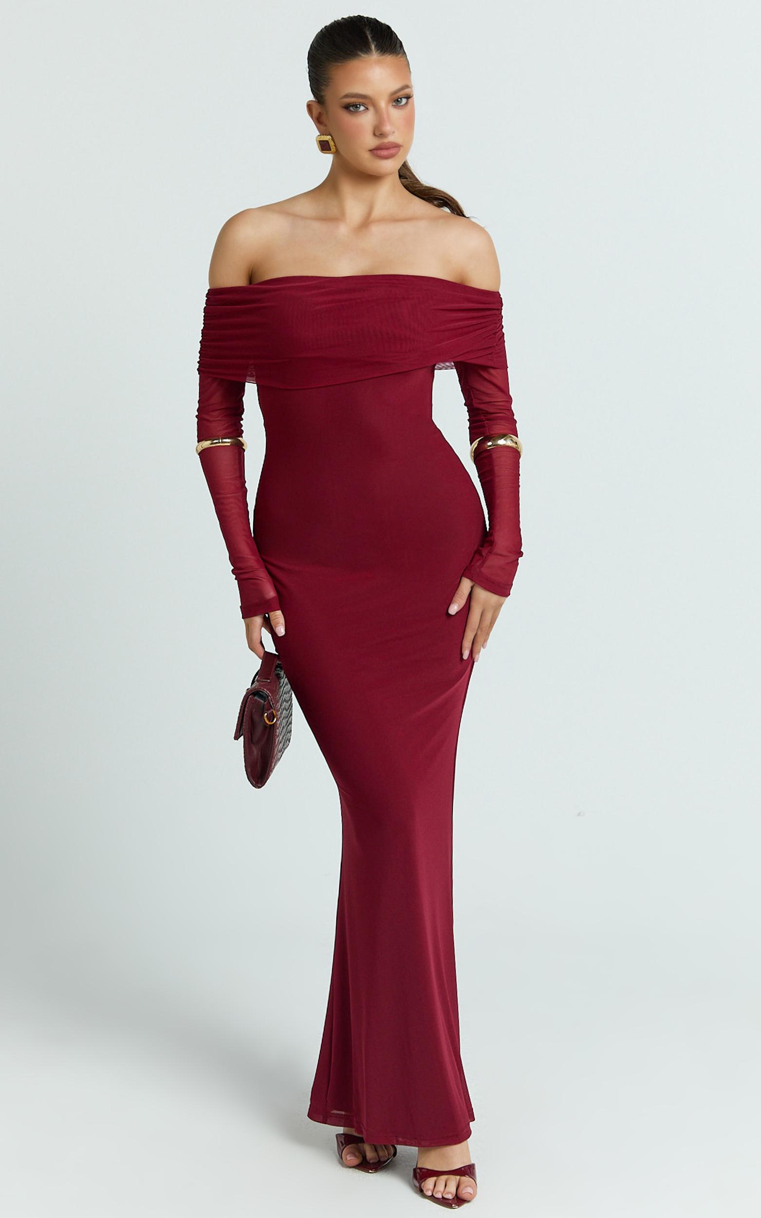 bethanie maxi dress - off the shoulder mesh dress in wine